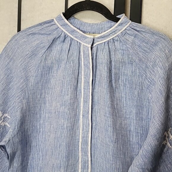 De Castro Swan Dress in Light Denim Linen with White Floral Embroidery - Picture 6 of 11